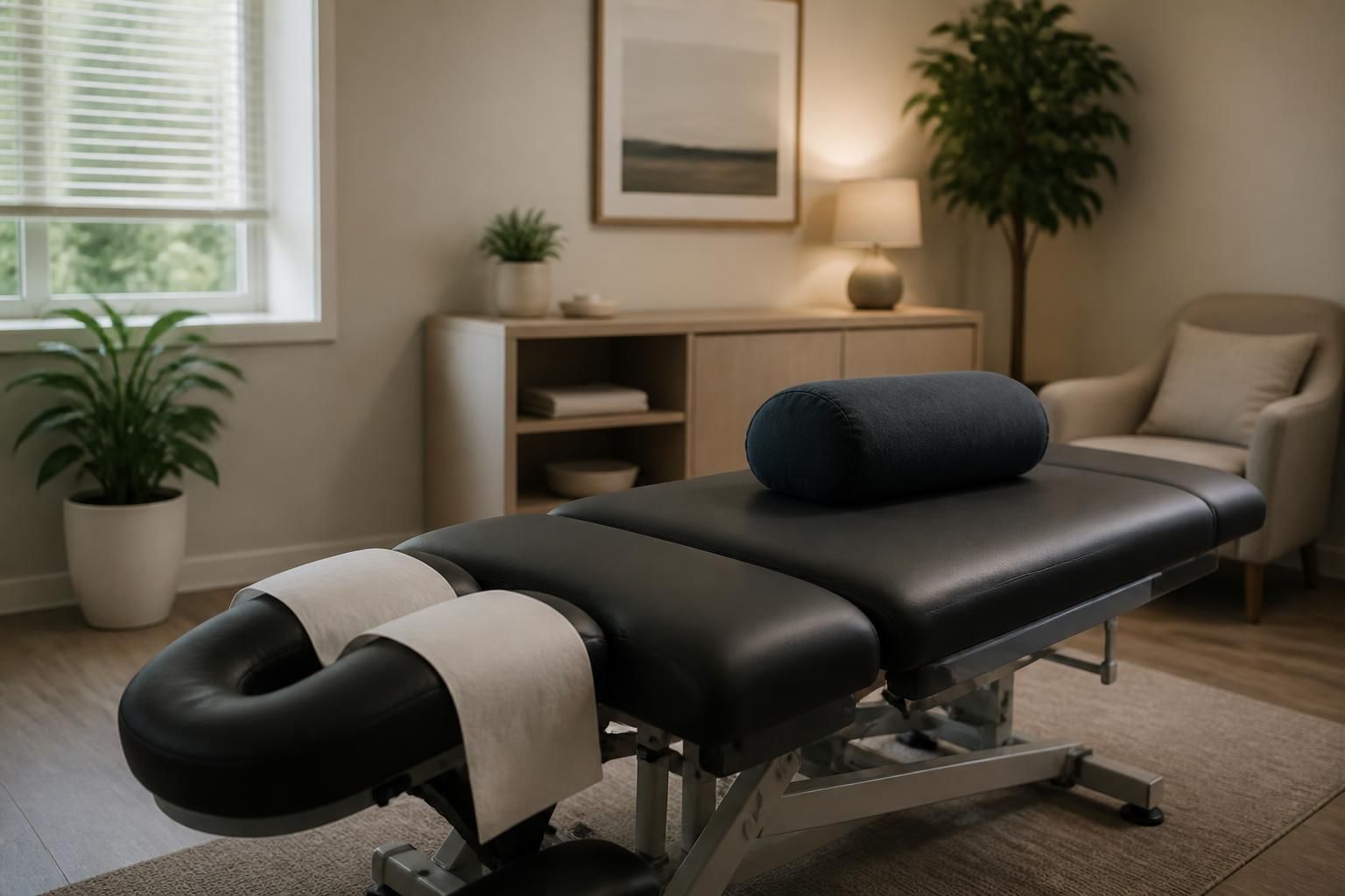 Calm therapy room designed for back pain treatment.