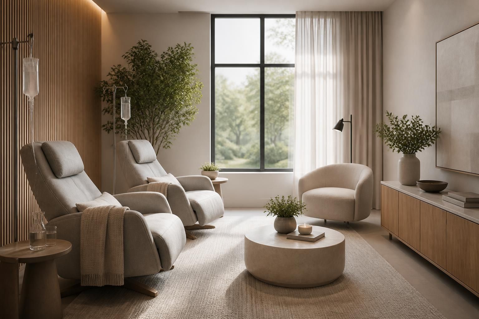 Tranquil recovery lounge with modern seating and soft light.