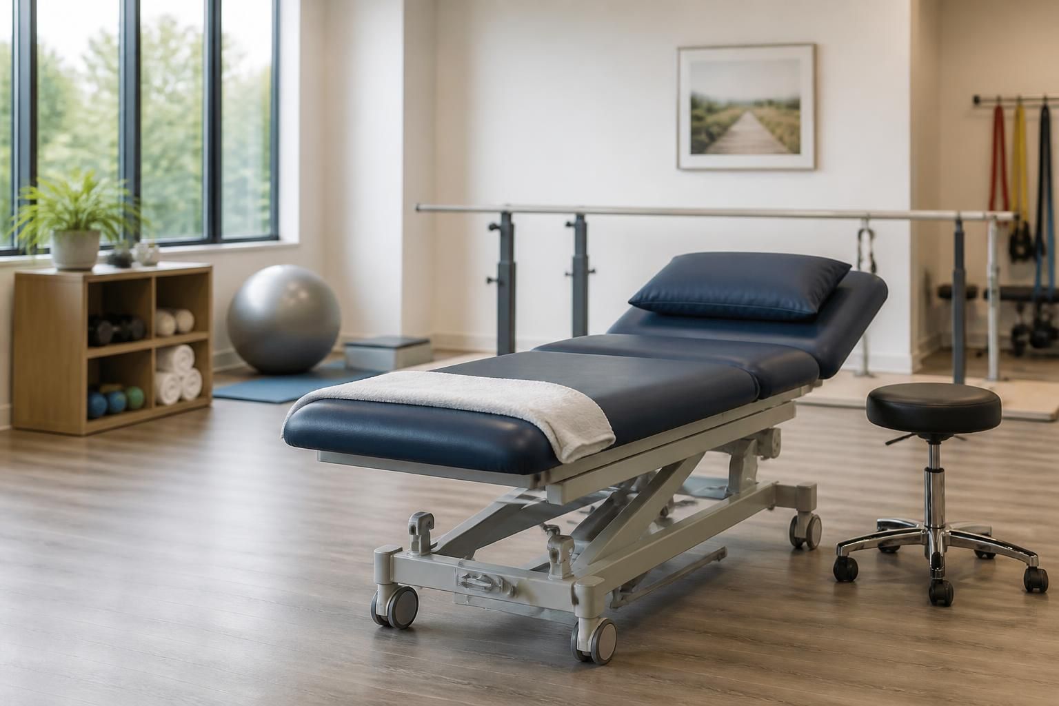 Bright rehabilitation space for sports injury recovery.