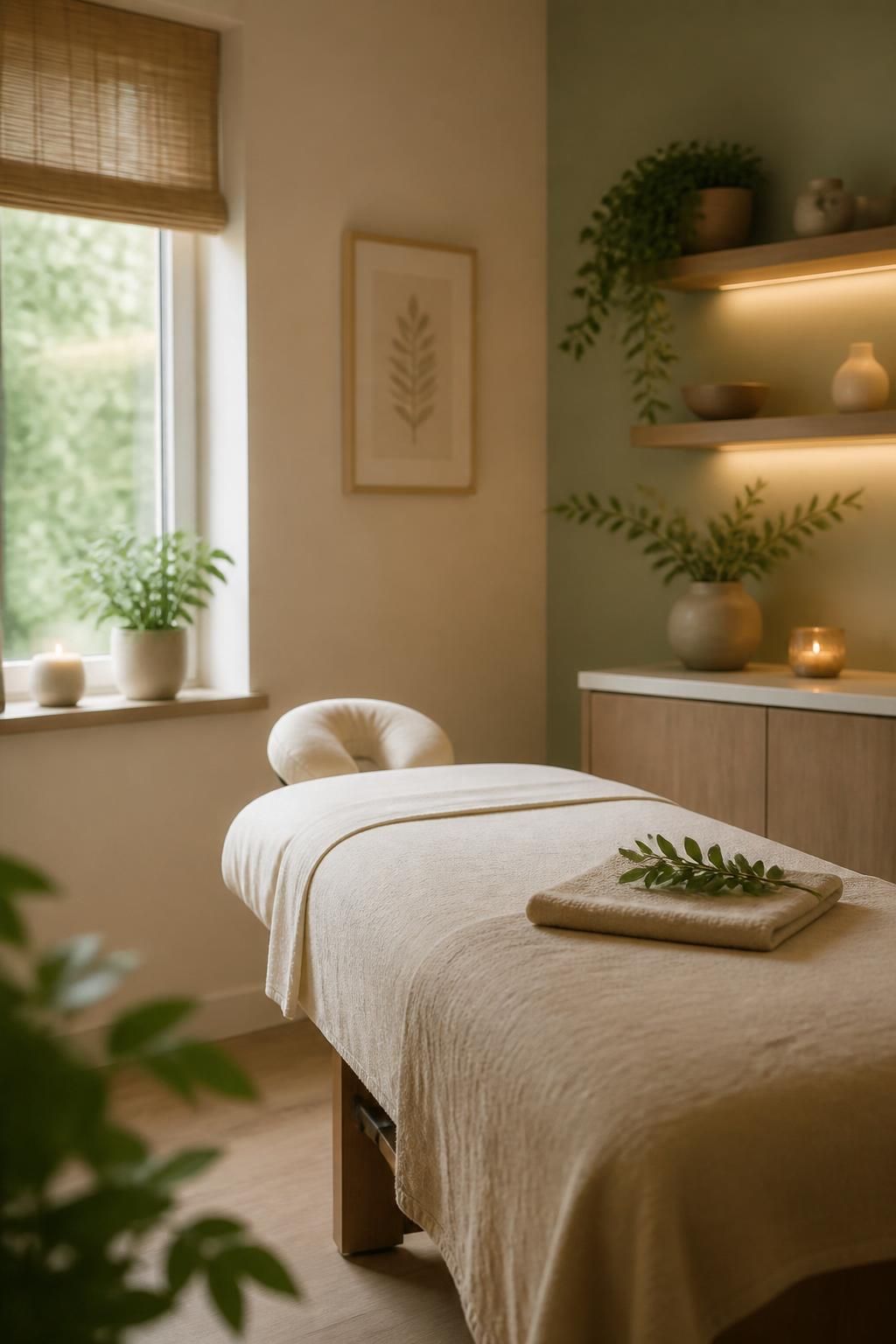 Inviting treatment room with soft light and neutral finishes.
