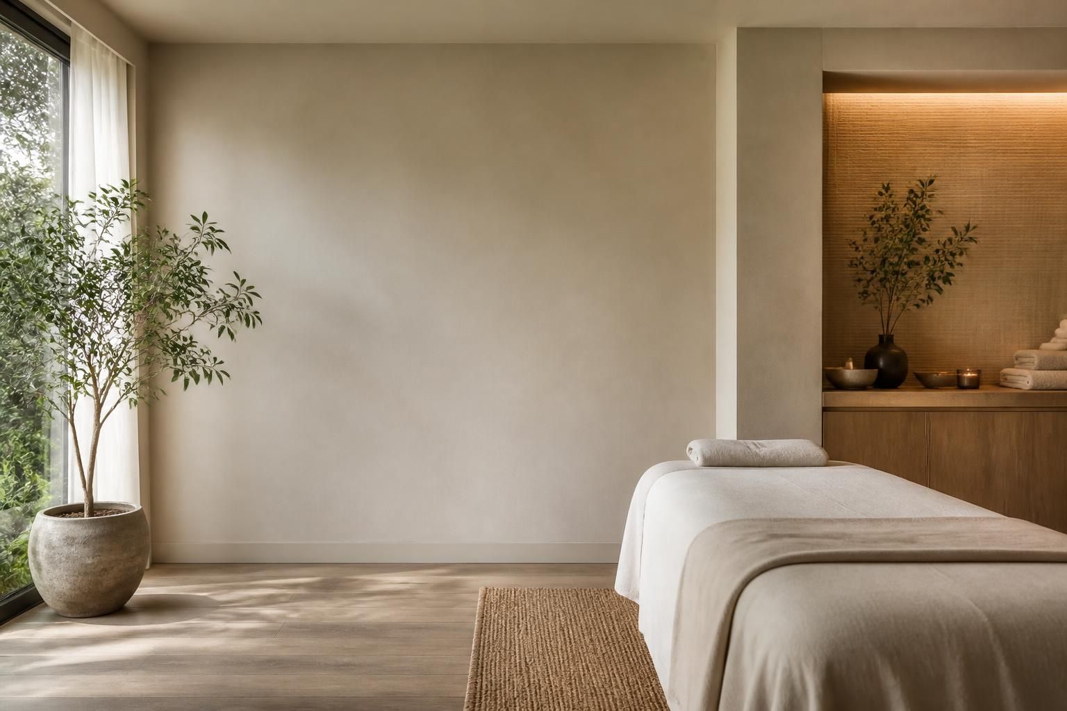 Serene wellness center interior with open space for text.
