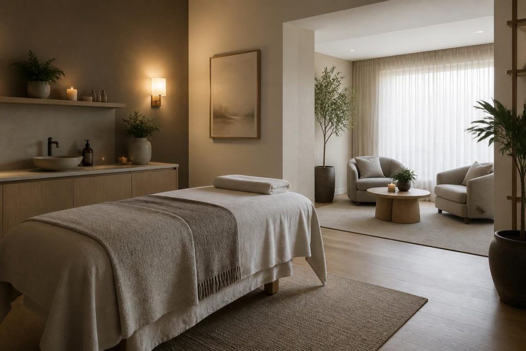 Calm modern wellness center interior with a softly lit treatment room.